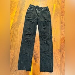 Agolde Black Distrssed Jeans with Asymmetrical Button Closure